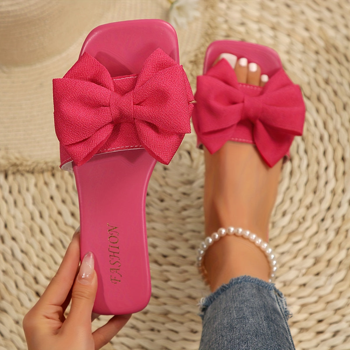 Women's Bowknot Decor Slide Sandals - Fashion Square Open Toe Flat Summer Shoes, Lightweight Slide Sandals - For Women - Perfect for Summer Beach, Vacation & Casual Wear - Ideal Gift for Her